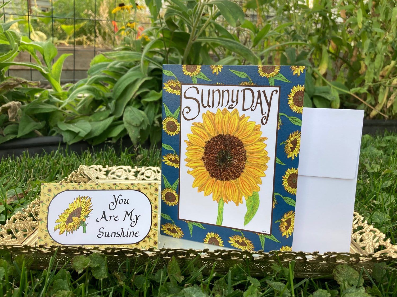 Fancy outdoor display of A2 and mini sunflower greeting cards