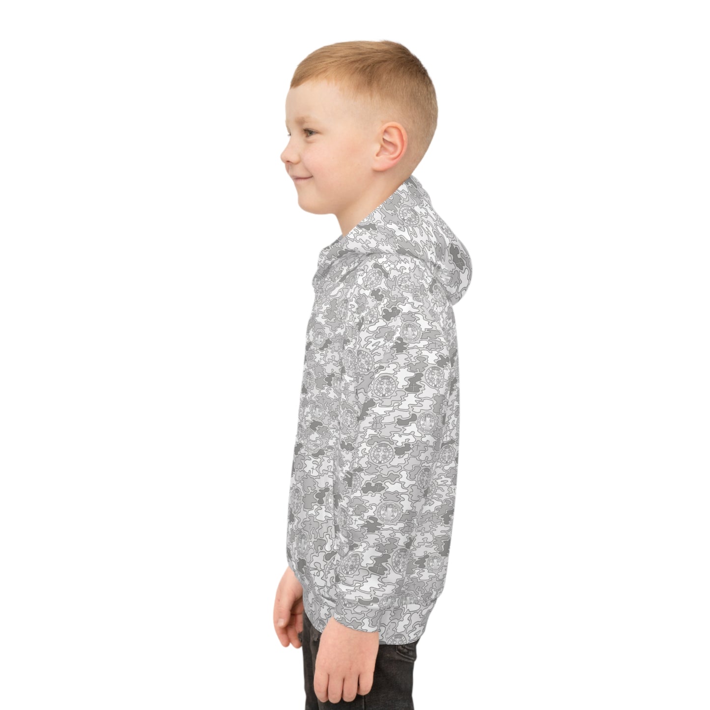 White-Gray "Catholicamouflage" Children's Hooded Shirt (Sizes 2XS-XL)