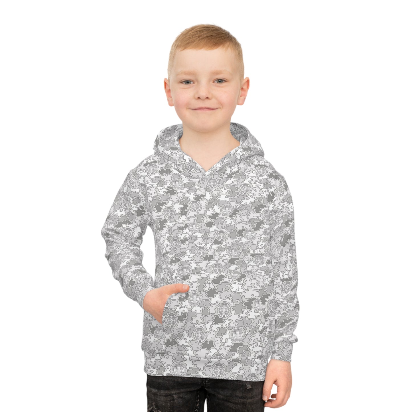 White-Gray "Catholicamouflage" Children's Hooded Shirt (Sizes 2XS-XL)