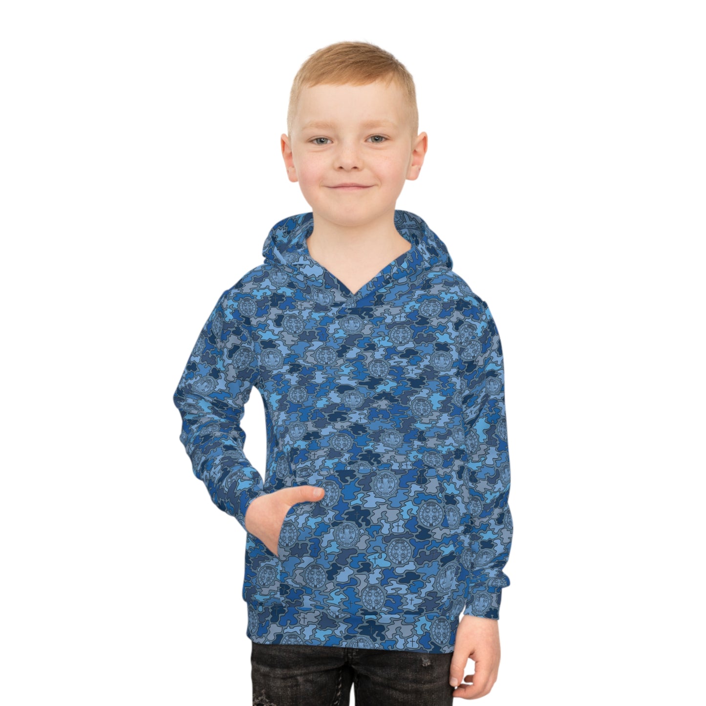 Blue "Catholicamouflage" Children's Hooded Shirt (Sizes 2XS-XL)