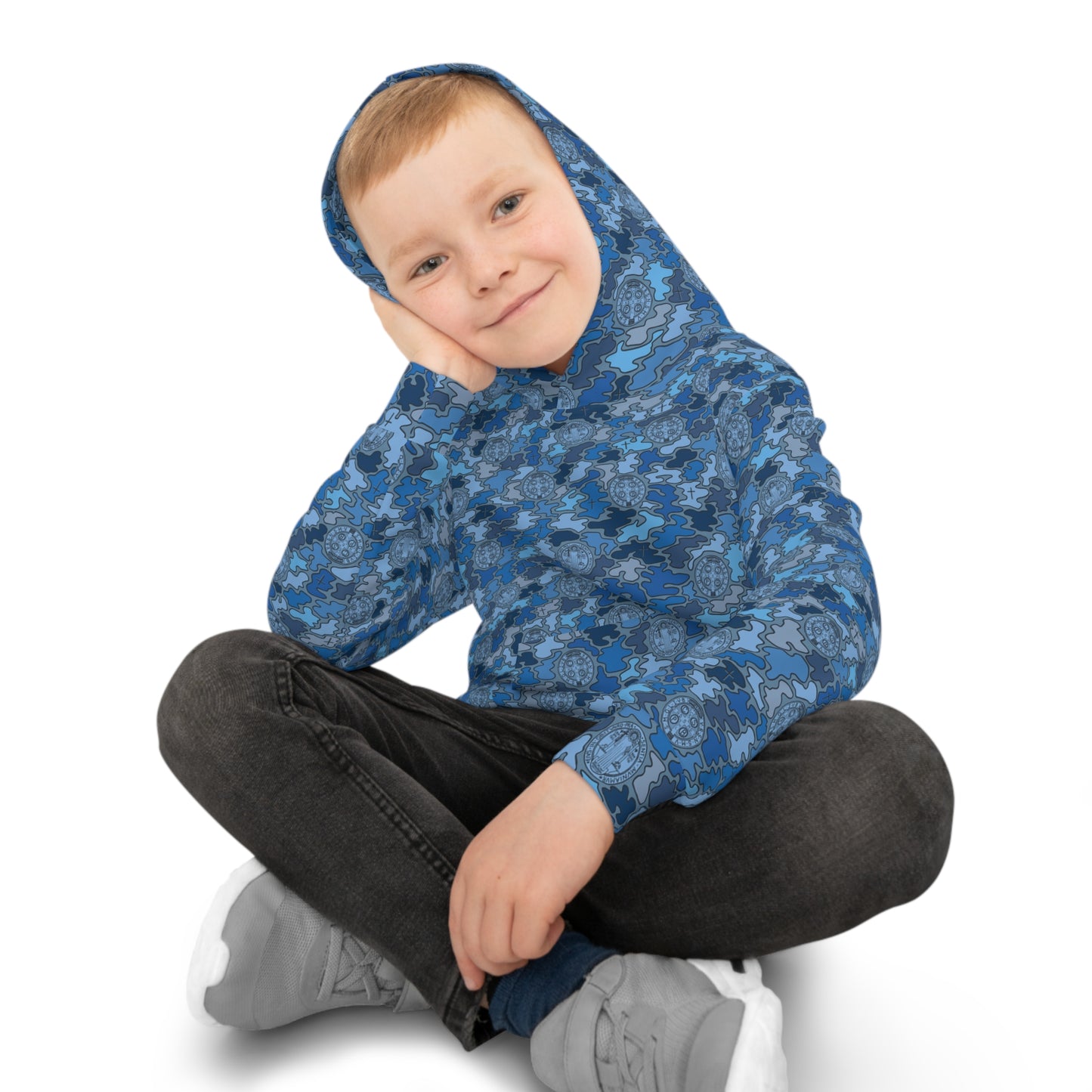 Blue "Catholicamouflage" Children's Hooded Shirt (Sizes 2XS-XL)