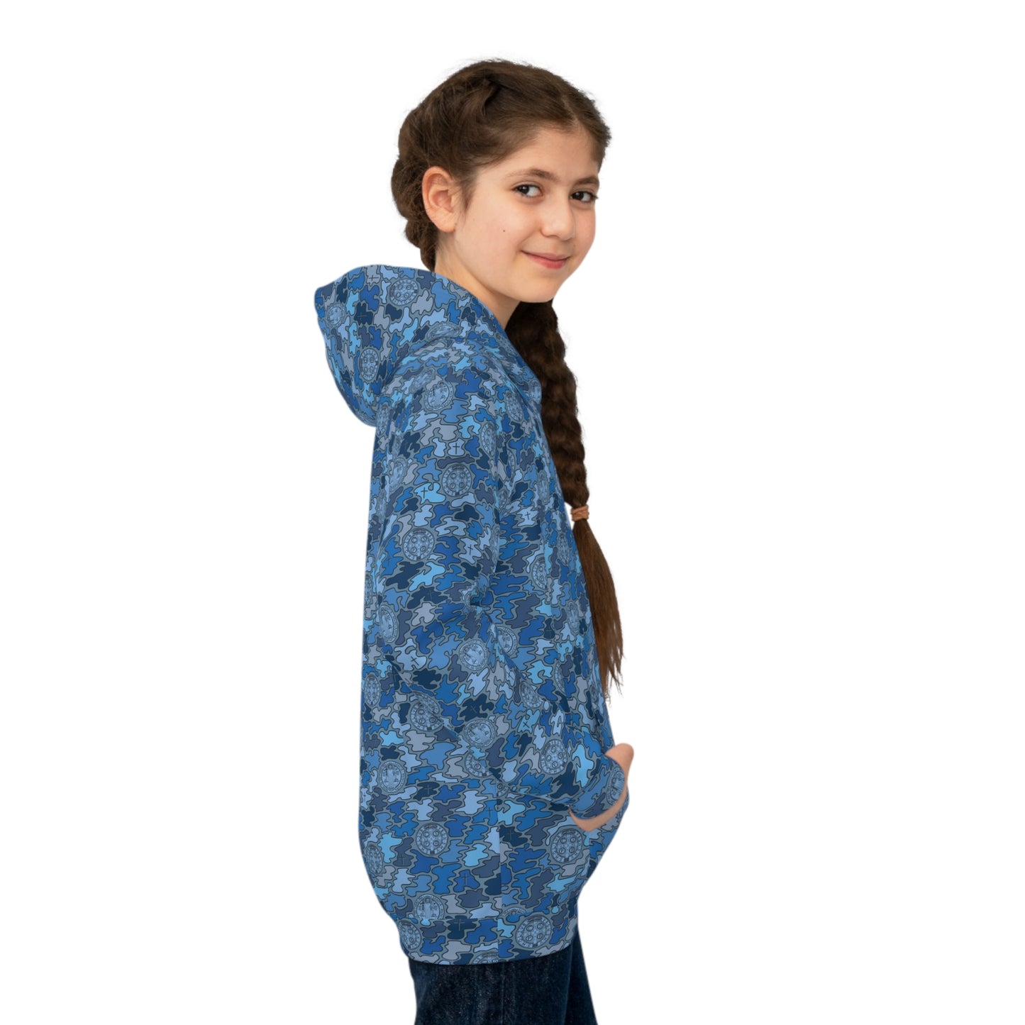 Blue "Catholicamouflage" Children's Hooded Shirt (Sizes 2XS-XL)