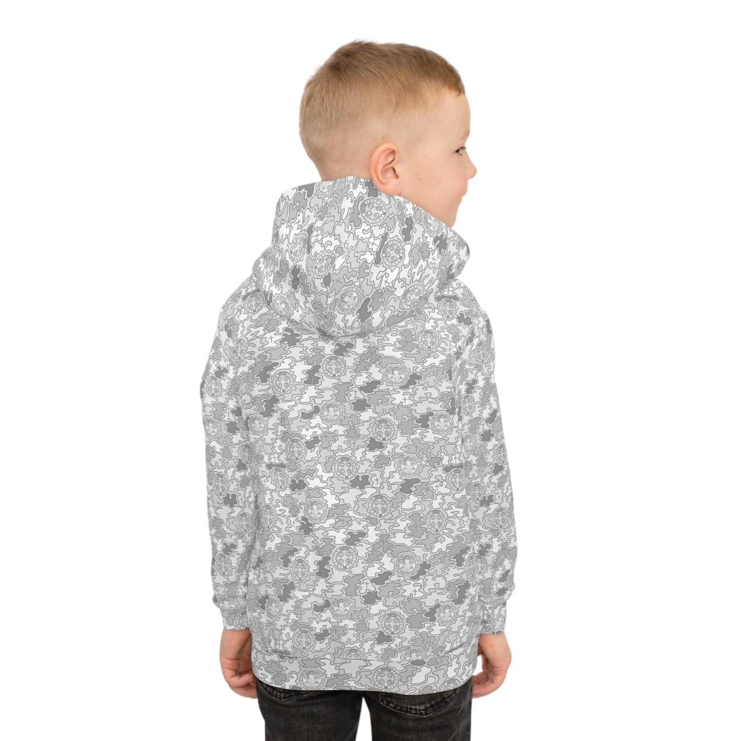 White-Gray "Catholicamouflage" Children's Hooded Shirt (Sizes 2XS-XL)