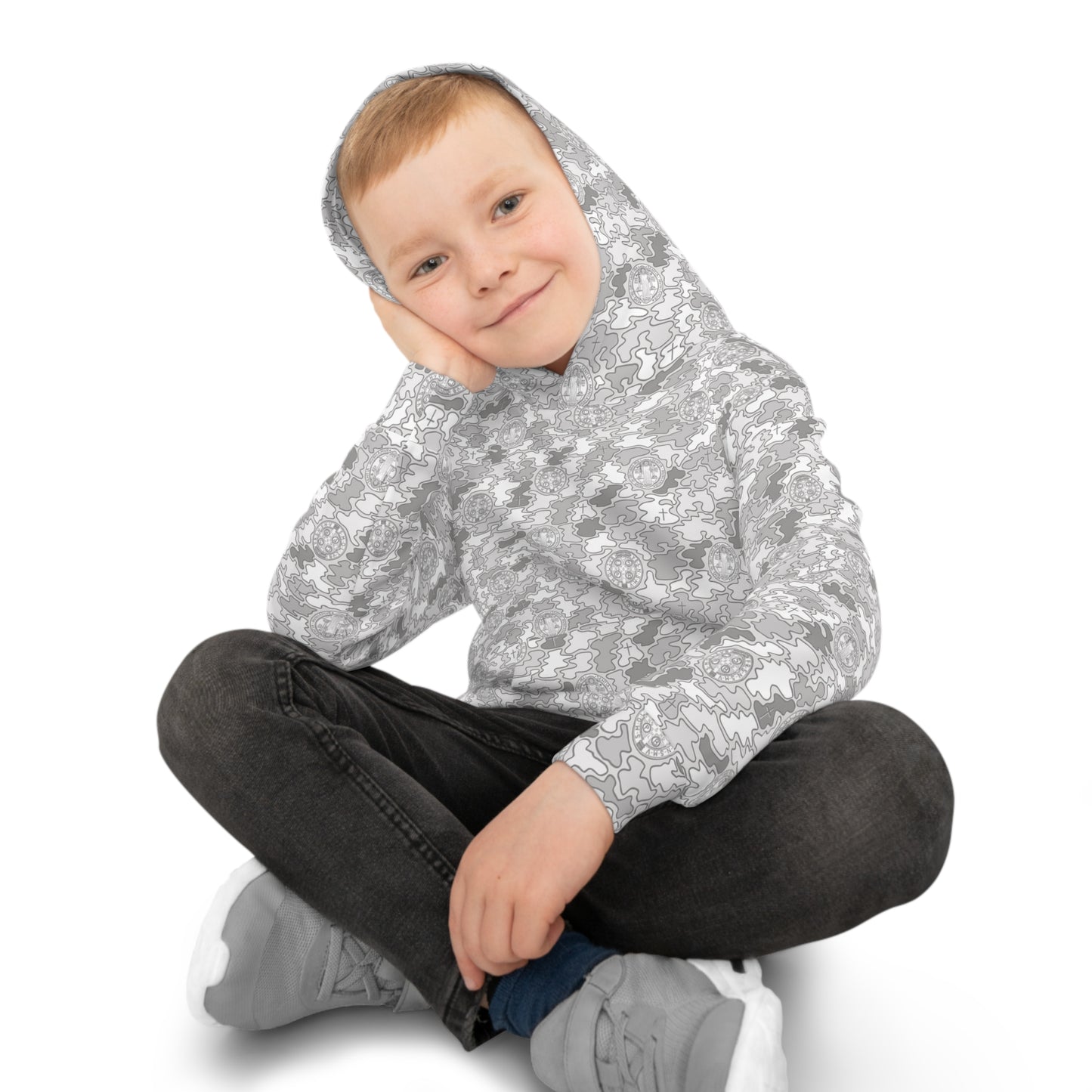 White-Gray "Catholicamouflage" Children's Hooded Shirt (Sizes 2XS-XL)