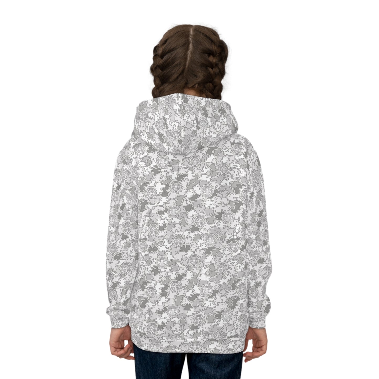 White-Gray "Catholicamouflage" Children's Hooded Shirt (Sizes 2XS-XL)