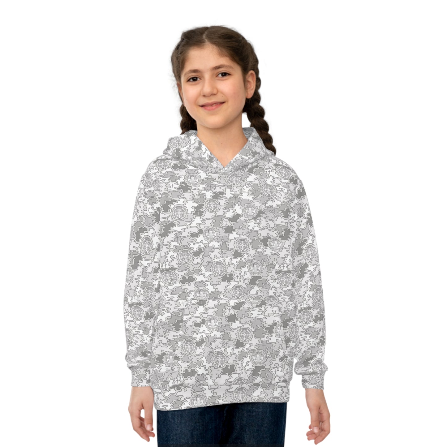 White-Gray "Catholicamouflage" Children's Hooded Shirt (Sizes 2XS-XL)