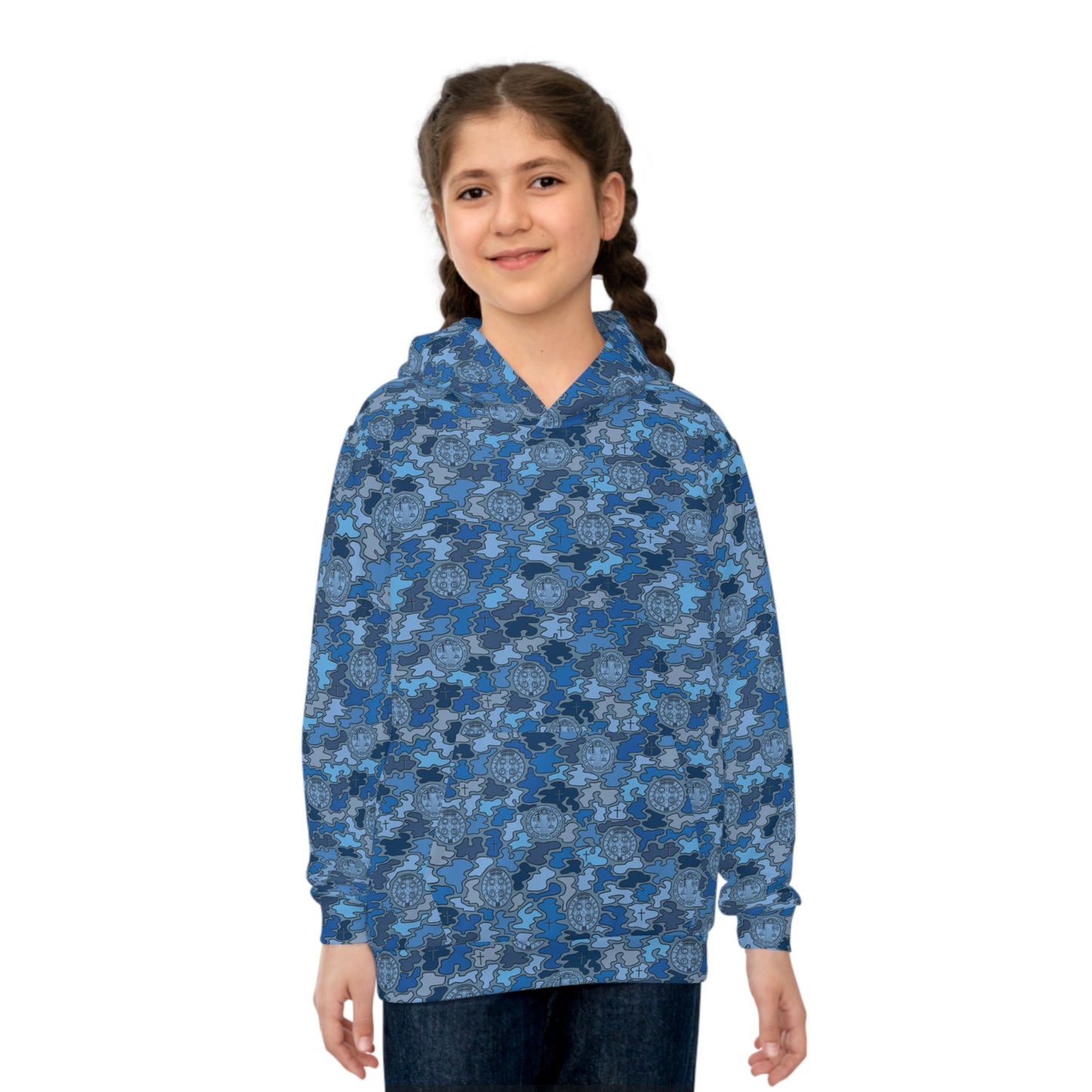 Blue "Catholicamouflage" Children's Hooded Shirt (Sizes 2XS-XL)