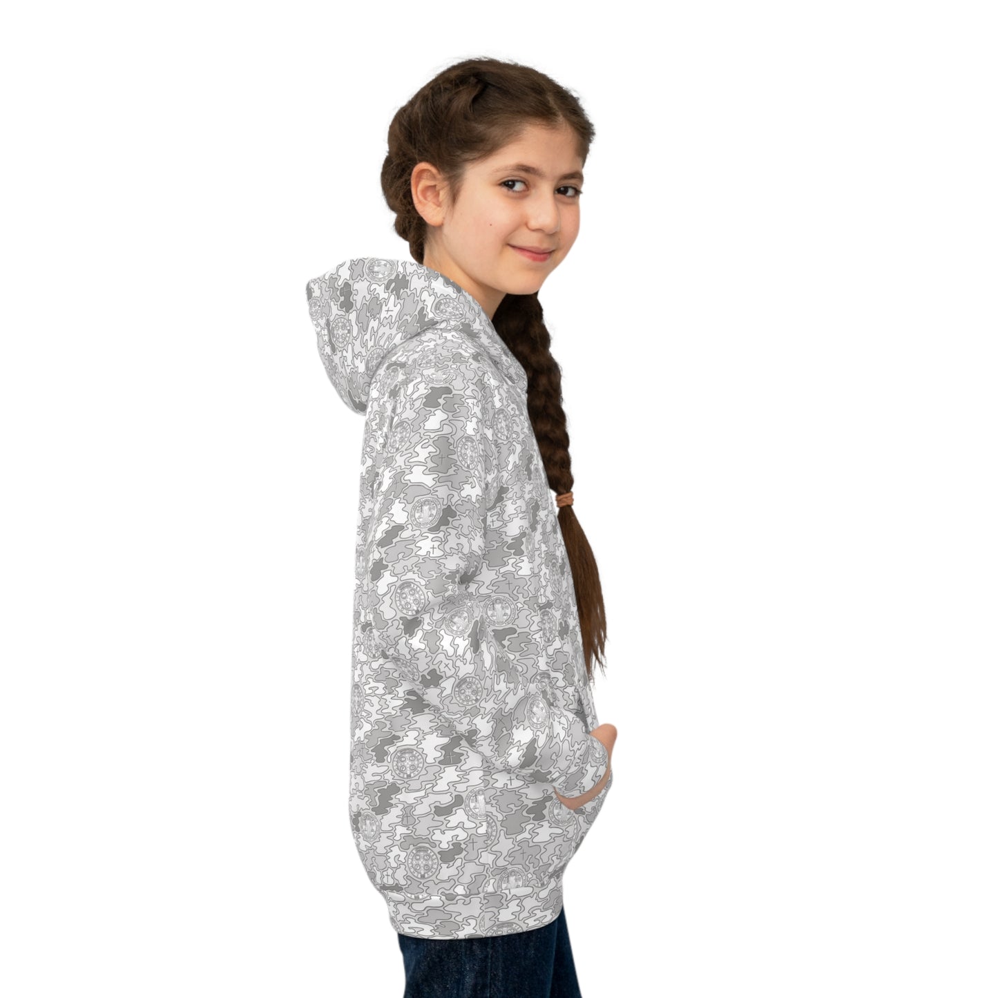 White-Gray "Catholicamouflage" Children's Hooded Shirt (Sizes 2XS-XL)