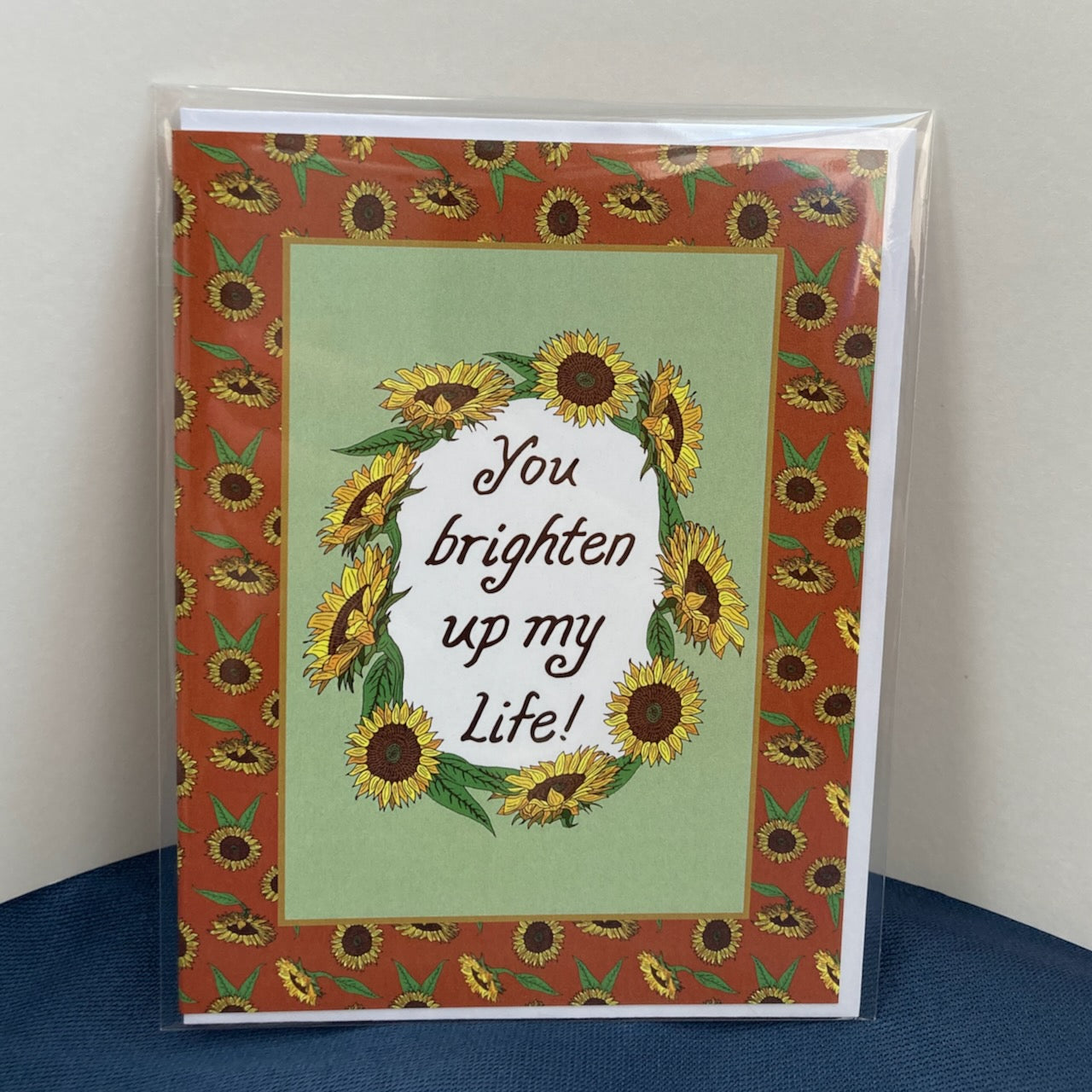 Single "You brighten up my life" Greeting Cards with Peel-and-stick Envelopes (A2 size; 5 color choices)