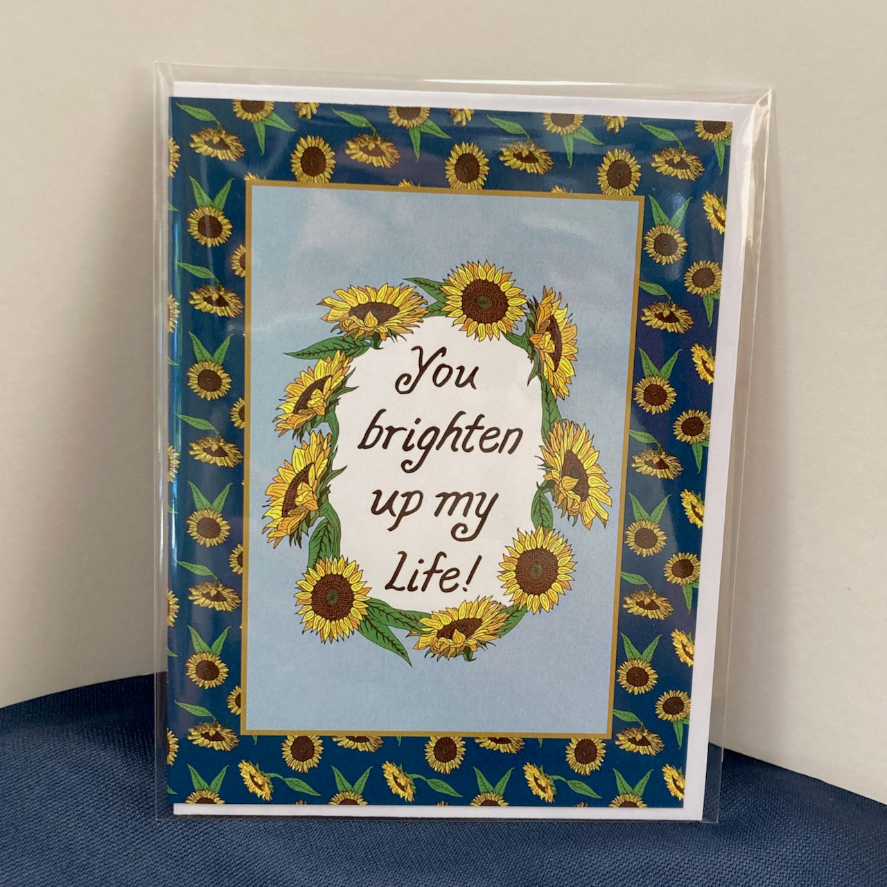 Single "You brighten up my life" Greeting Cards with Peel-and-stick Envelopes (A2 size; 5 color choices)