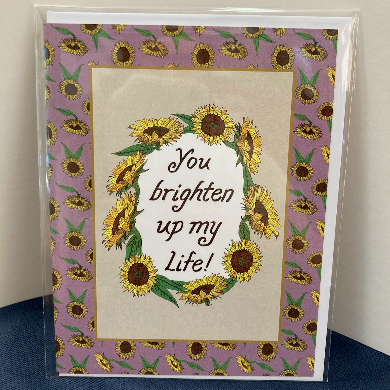 Single "You brighten up my life" Greeting Cards with Peel-and-stick Envelopes (A2 size; 5 color choices)