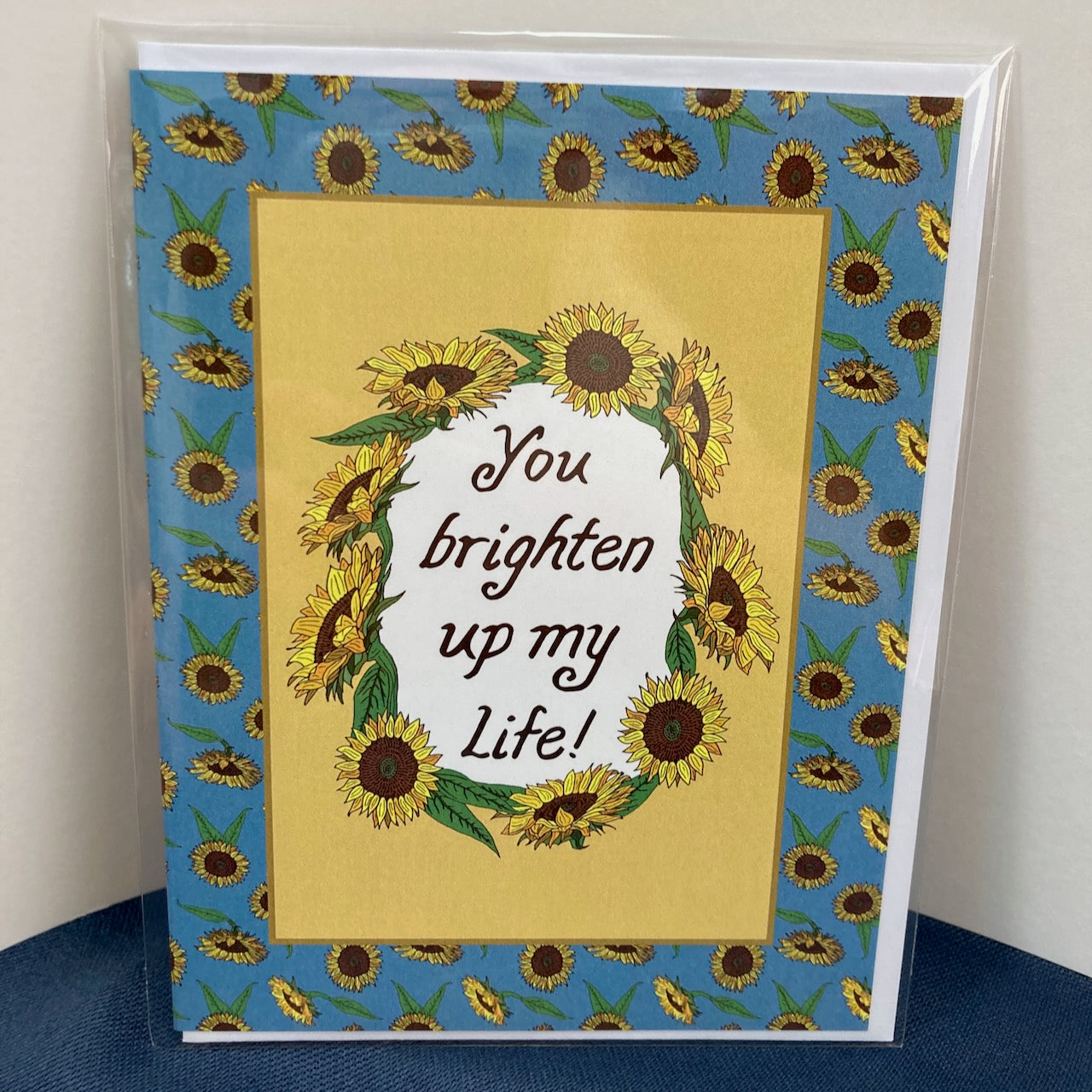 Single "You brighten up my life" Greeting Cards with Peel-and-stick Envelopes (A2 size; 5 color choices)