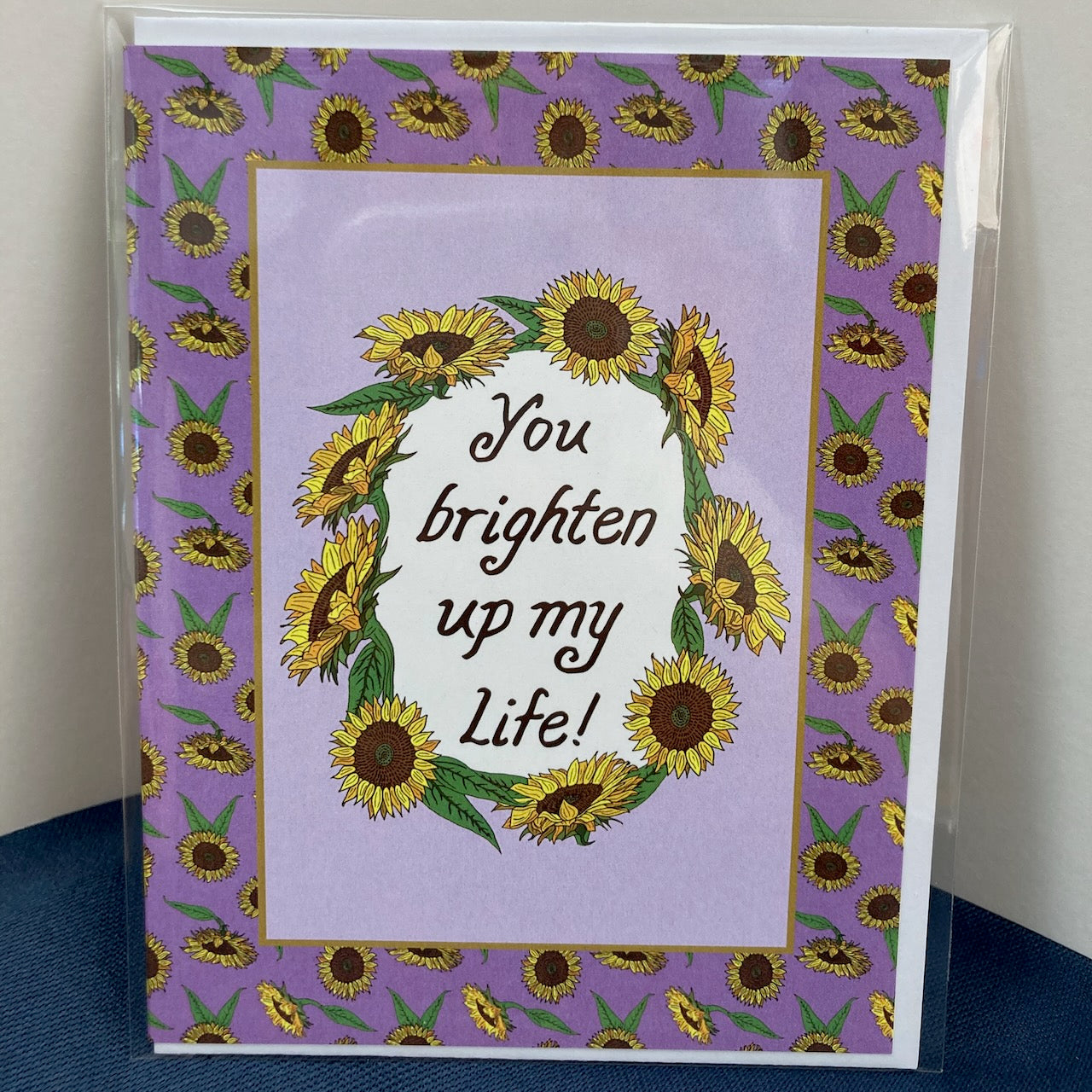 Single "You brighten up my life" Greeting Cards with Peel-and-stick Envelopes (A2 size; 5 color choices)