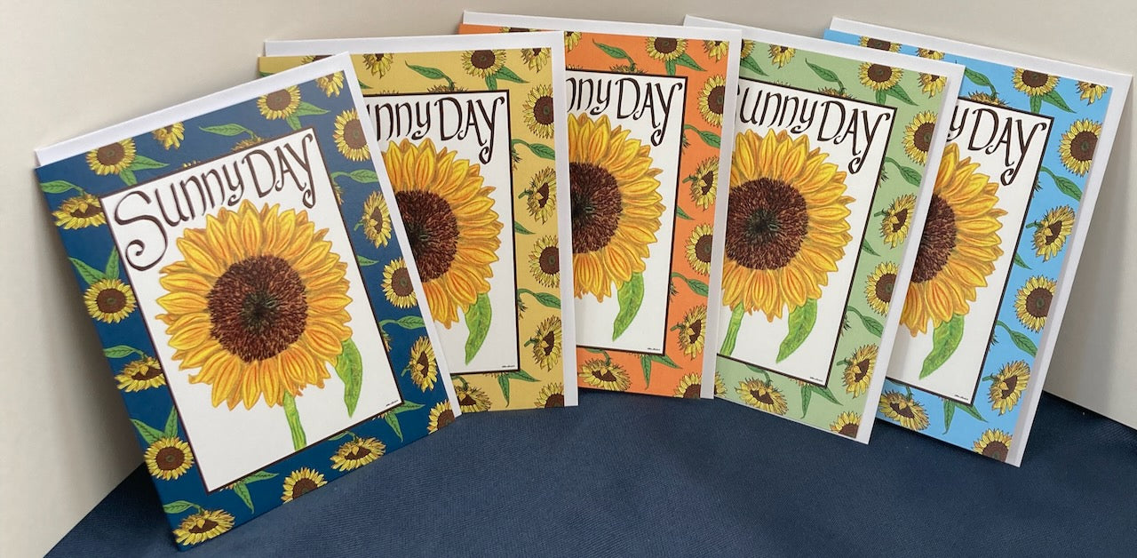 Single "Sunny Day" Greeting Cards with Peel-and-stick Envelopes (A2 size; 5 color choices)