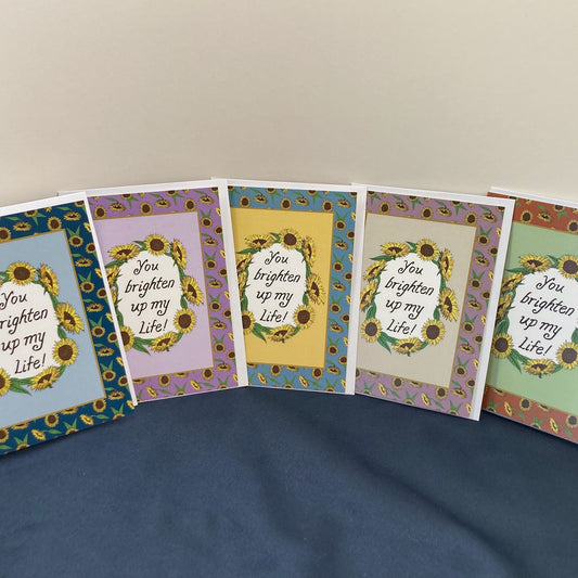 Single "You brighten up my life" Greeting Cards with Peel-and-stick Envelopes (A2 size; 5 color choices)