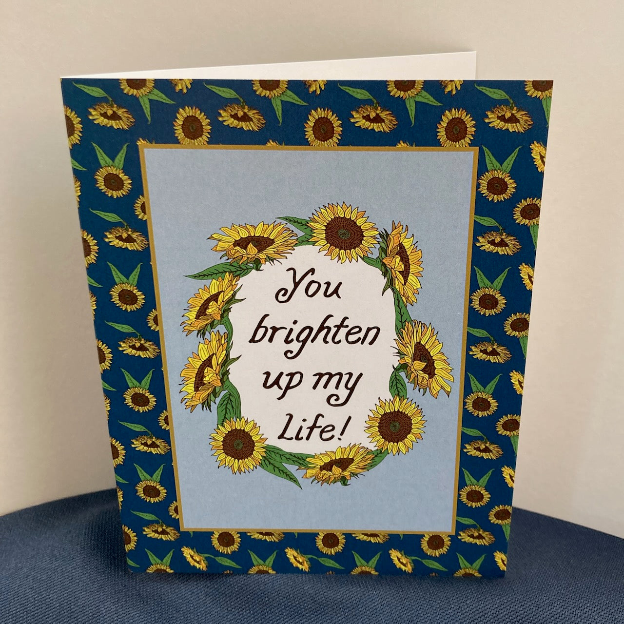 Single "You brighten up my life" Greeting Cards with Peel-and-stick Envelopes (A2 size; 5 color choices)