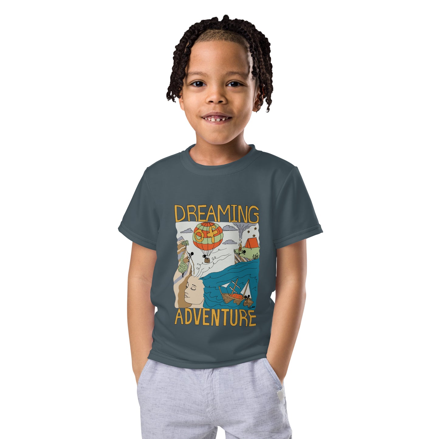 Kids Dark-Blue "Dreaming Adventure" Short-Sleeved Crew Neck T-shirt (Size 2-7)