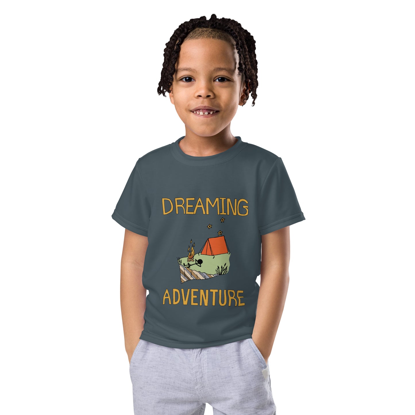 Kids Dark-Blue Camping "Dreaming Adventure" Short-Sleeved Crew Neck T-shirt (Size 2-7)