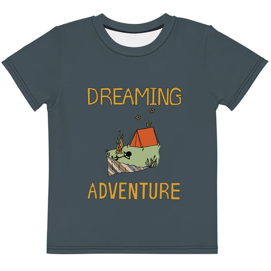 Kids Dark-Blue Camping "Dreaming Adventure" Short-Sleeved Crew Neck T-shirt (Size 2-7)