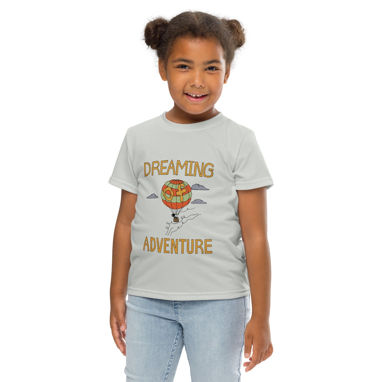 Kids Gray Hot Air Balloon "Dreaming Adventure" Short-Sleeved Crew Neck T-shirt (Size 2-7)