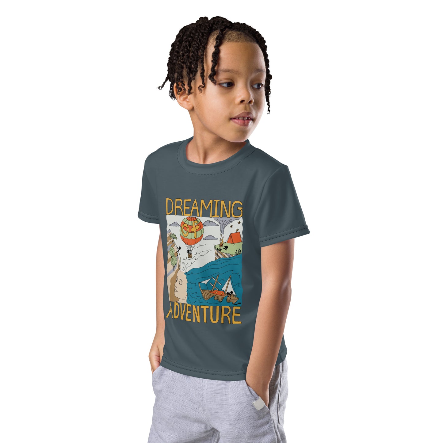 Kids Dark-Blue "Dreaming Adventure" Short-Sleeved Crew Neck T-shirt (Size 2-7)