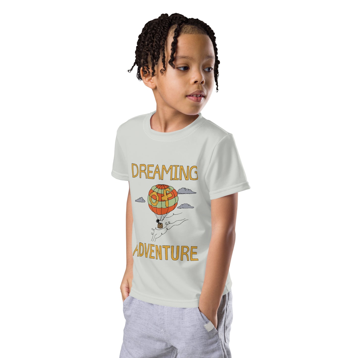 Kids Gray Hot Air Balloon "Dreaming Adventure" Short-Sleeved Crew Neck T-shirt (Size 2-7)