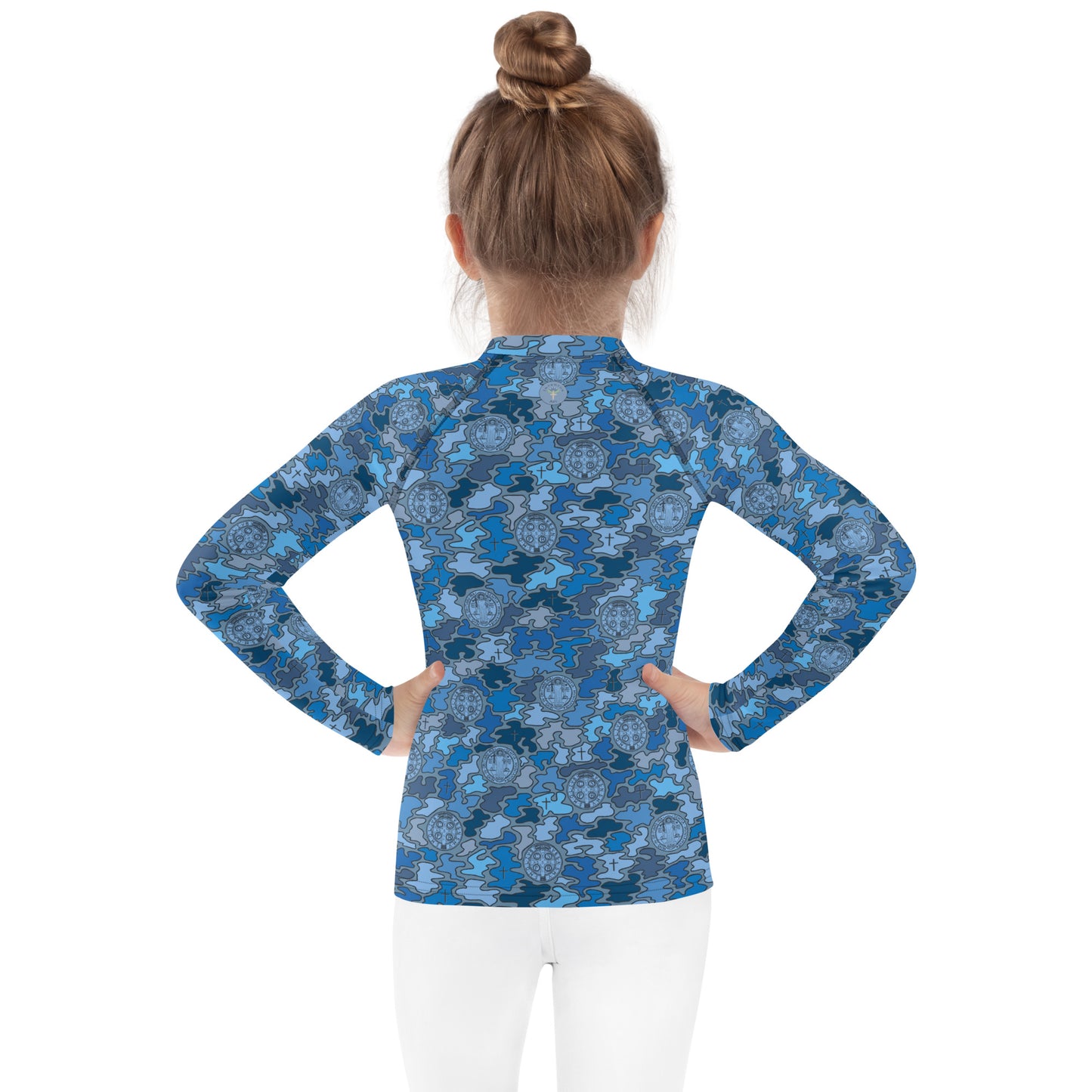 Blue "Catholicamouflage" Kids Long-sleeved Rash Guard (Size 2-7)