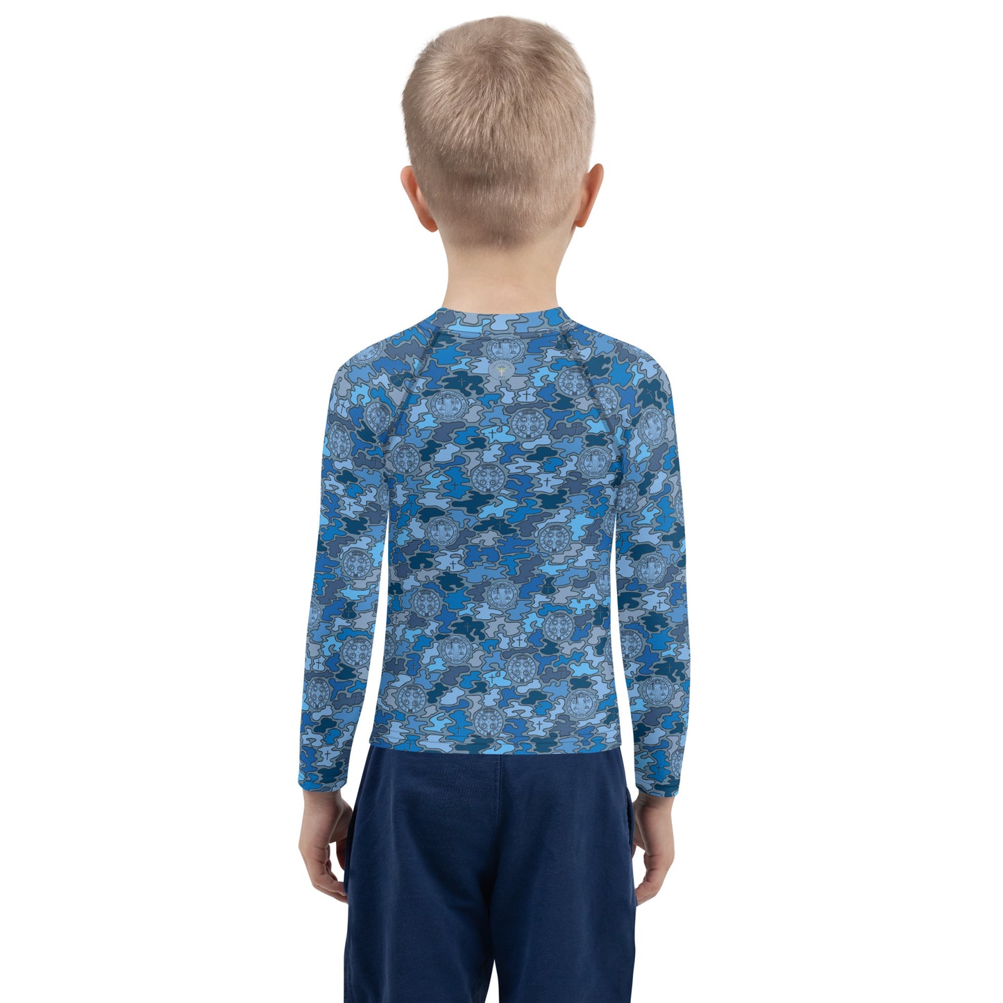 Blue "Catholicamouflage" Kids Long-sleeved Rash Guard (Size 2-7)