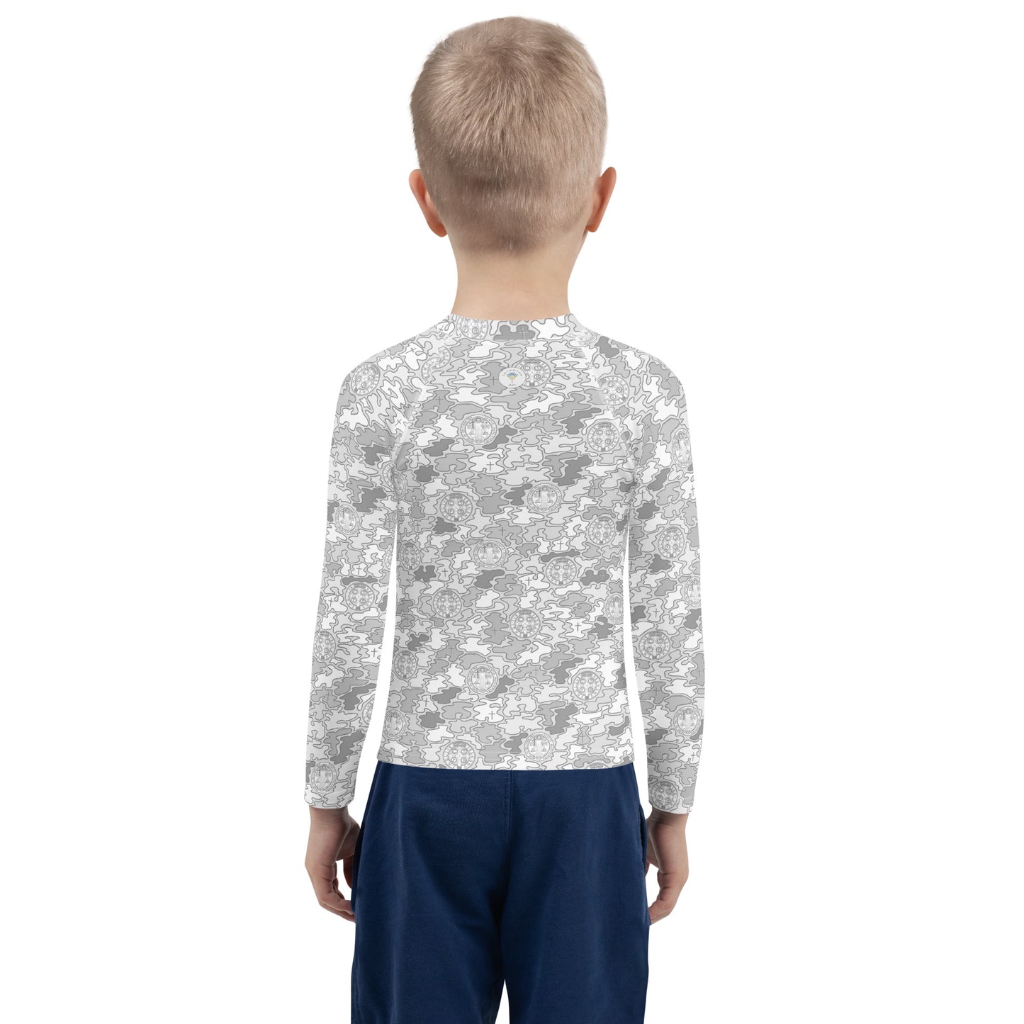 White-Gray "Catholicamouflage" Kids Long-sleeved Rash Guard (Size 2-7)