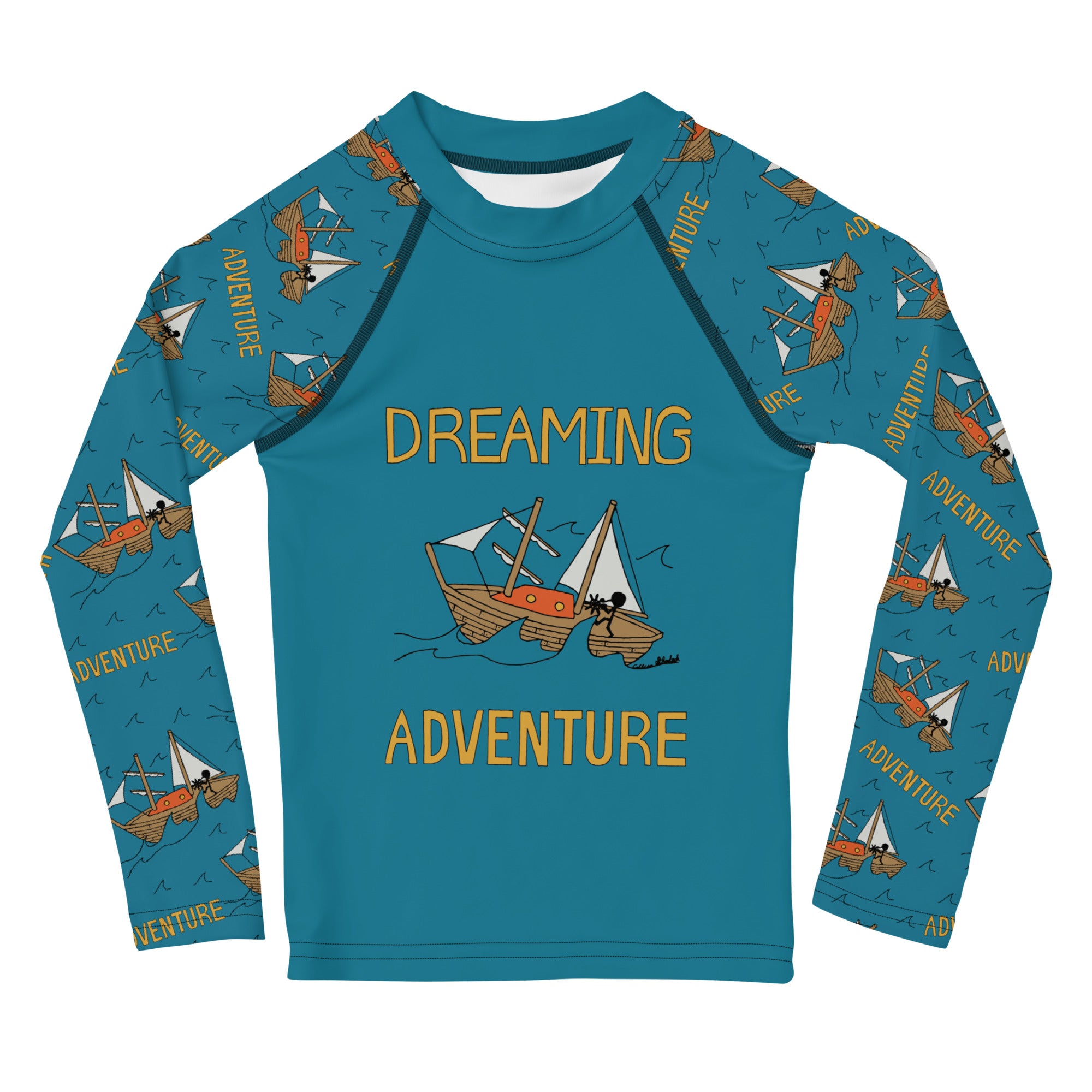 Kids Blue Sailing Dreaming Adventure Long Sleeved Rashguard Shirt S Inventus Art LLC