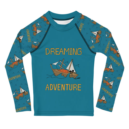 Kids Blue Sailing "Dreaming Adventure" Long-Sleeved Rashguard Shirt (Size 2-7)