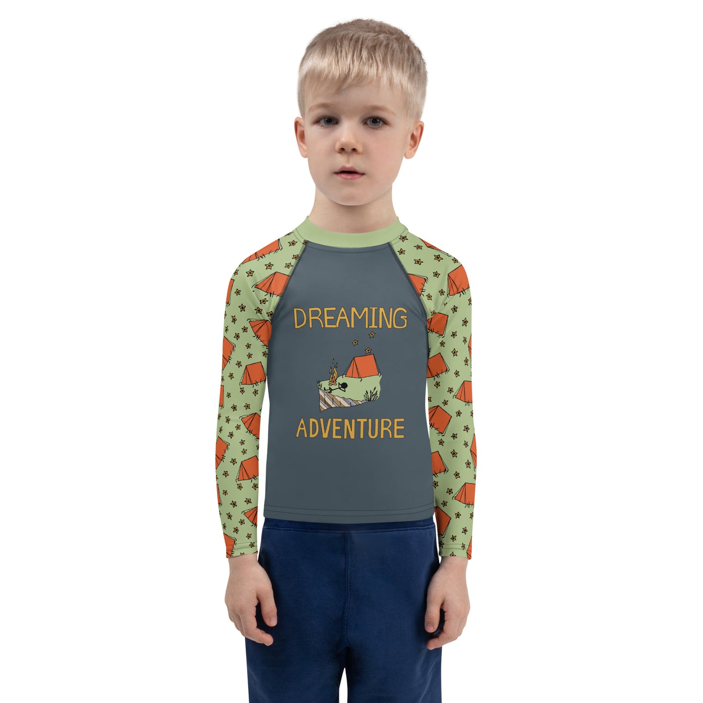 Kids Dark-Blue/Gray Camping "Dreaming Adventure" Long-Sleeved Rashguard Shirt (Size 2-7)