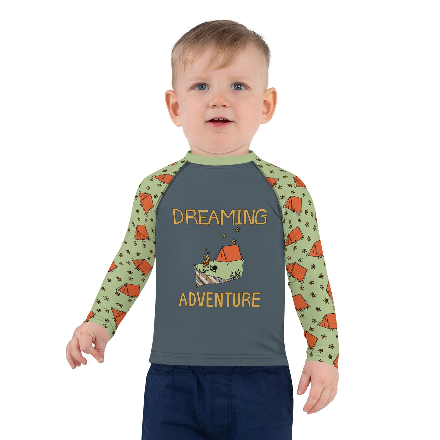 Kids Dark-Blue/Gray Camping "Dreaming Adventure" Long-Sleeved Rashguard Shirt (Size 2-7)