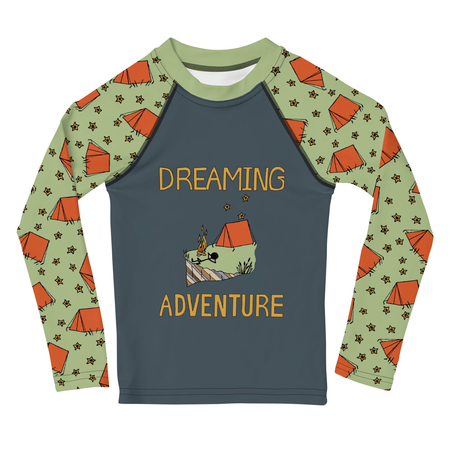 Kids Dark-Blue/Gray Camping "Dreaming Adventure" Long-Sleeved Rashguard Shirt (Size 2-7)