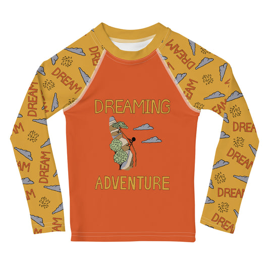 Kids Yellow/Orange Climbing "Dreaming Adventure" Long-sleeved Rash Guard Shirt (Size 2-7)