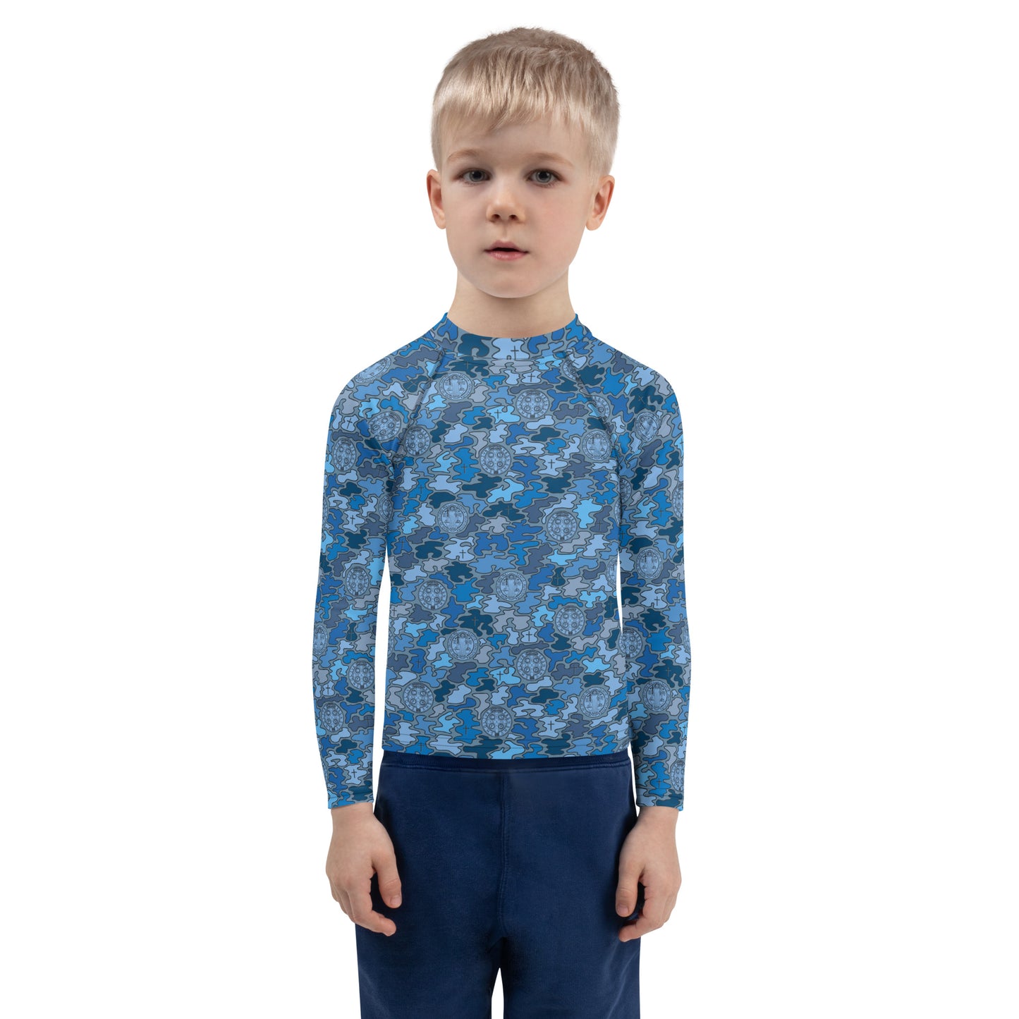 Blue "Catholicamouflage" Kids Long-sleeved Rash Guard (Size 2-7)