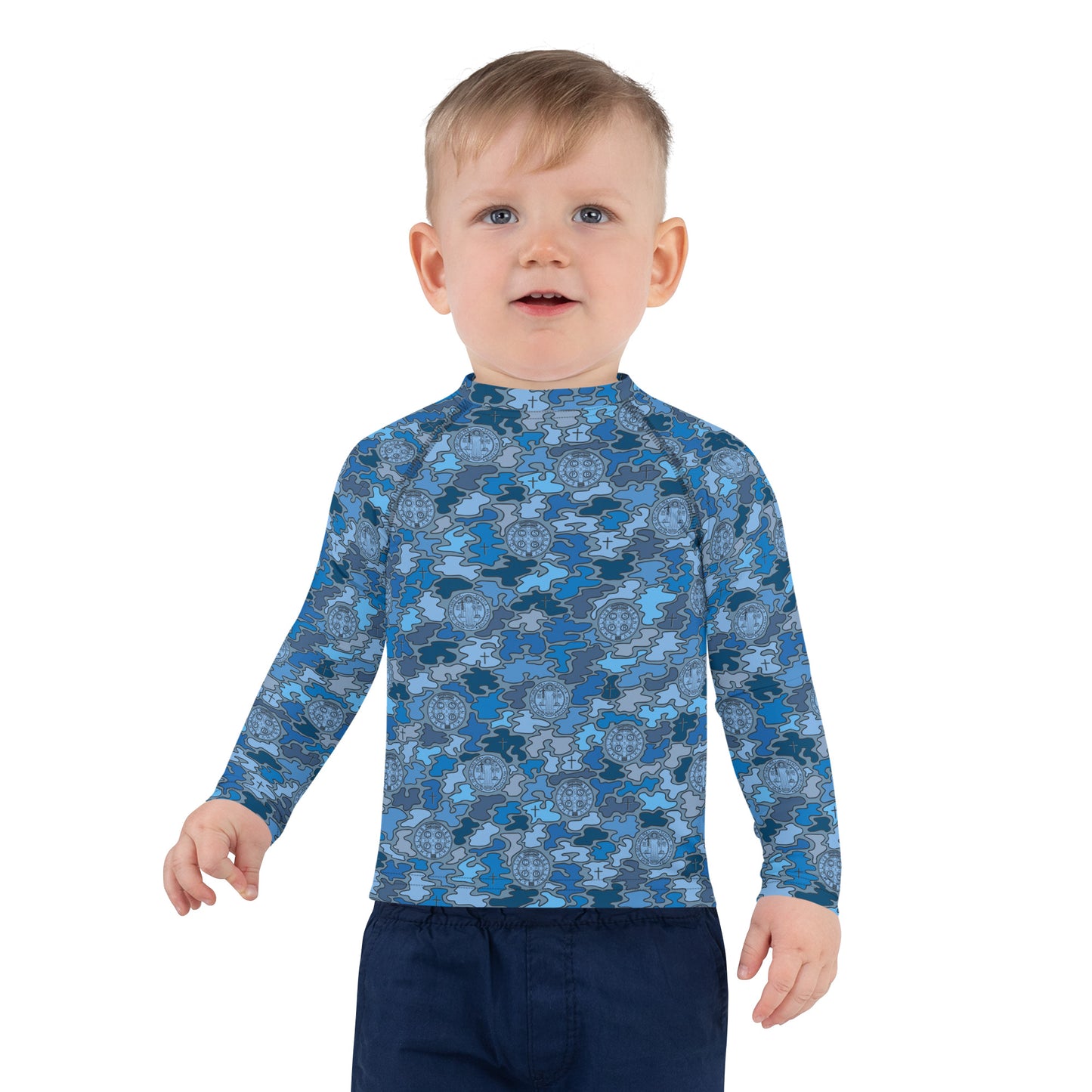 Blue "Catholicamouflage" Kids Long-sleeved Rash Guard (Size 2-7)