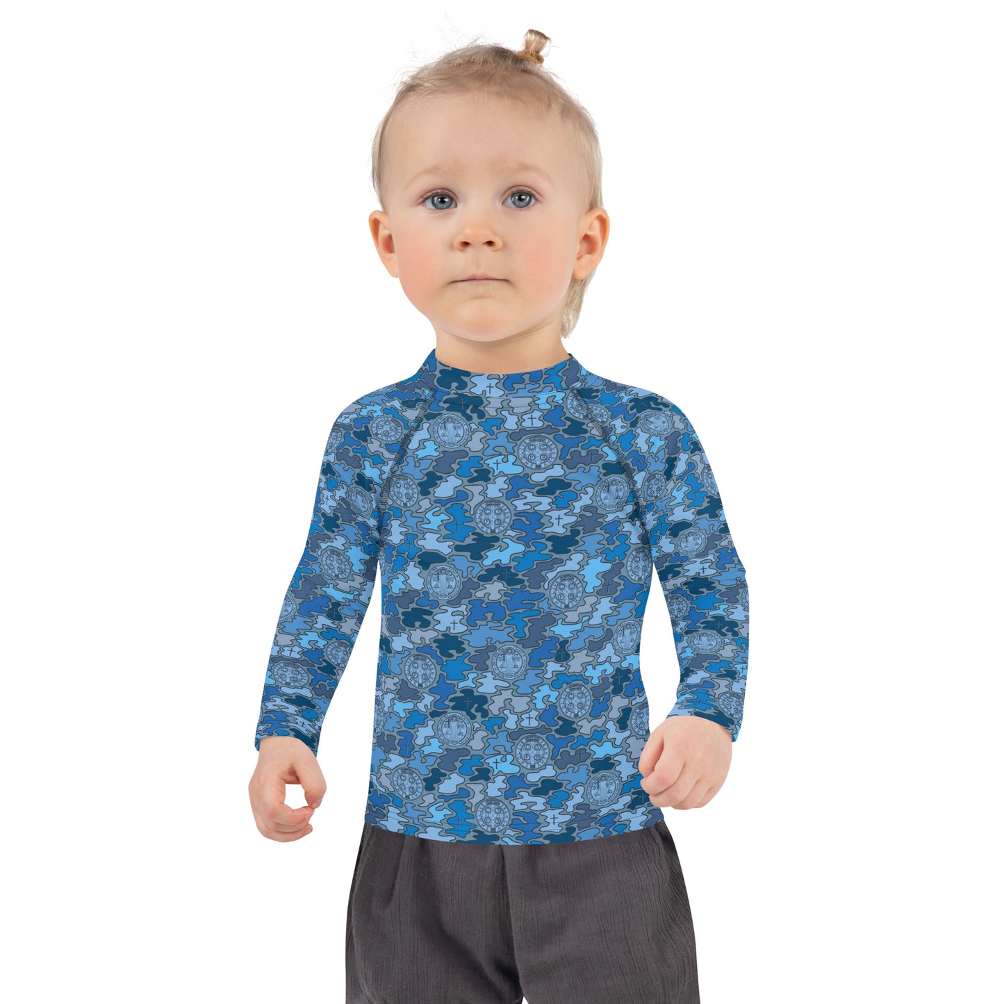 Blue "Catholicamouflage" Kids Long-sleeved Rash Guard (Size 2-7)