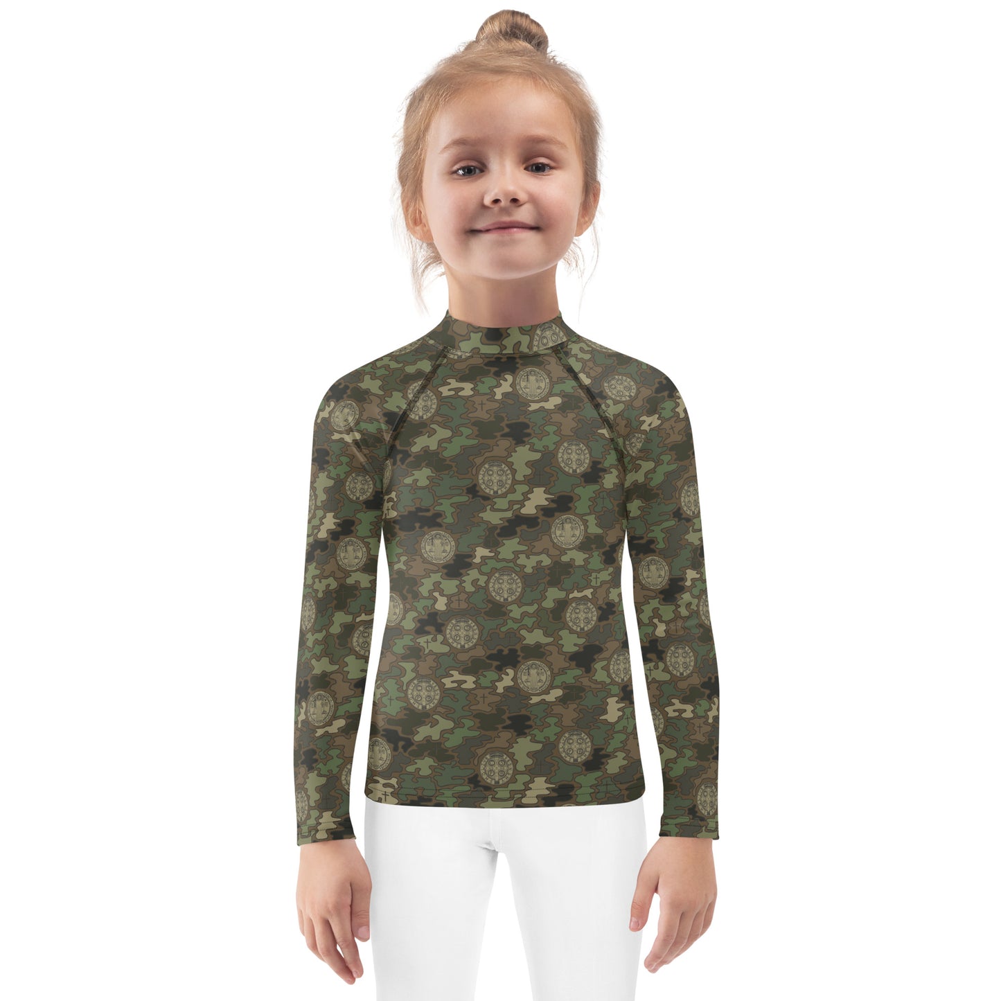 Woodland Green-Brown "Catholicamouflage" Kids Long-sleeved Rash Guard (Size 2-7)