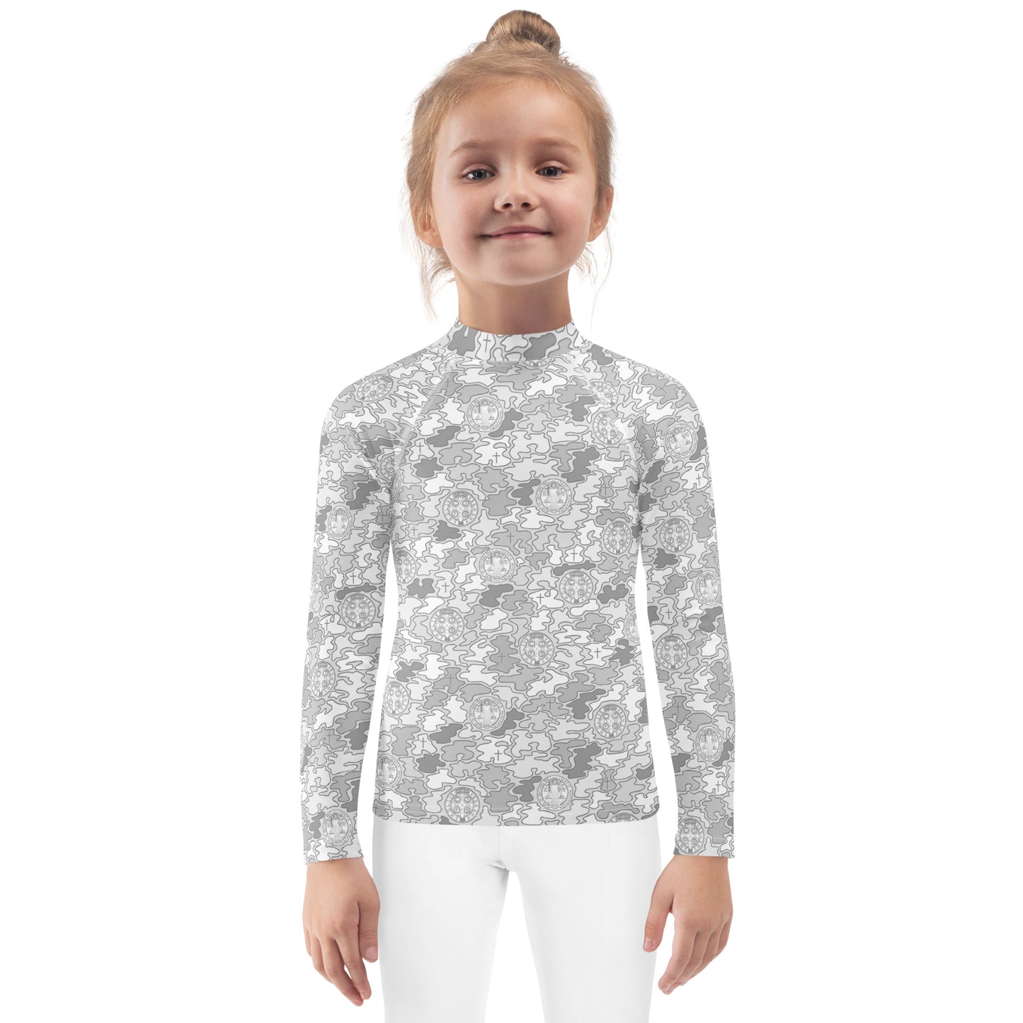 White-Gray "Catholicamouflage" Kids Long-sleeved Rash Guard (Size 2-7)