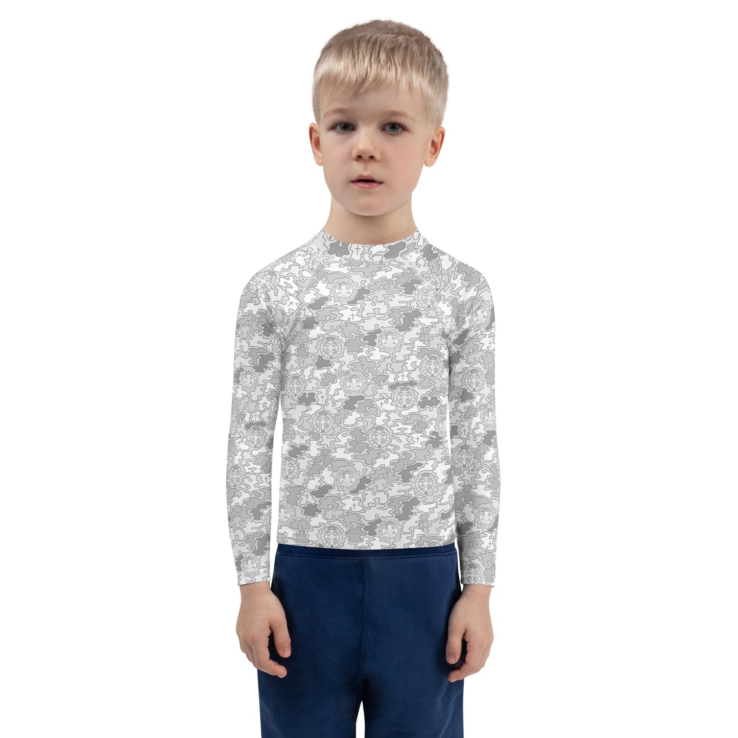 White-Gray "Catholicamouflage" Kids Long-sleeved Rash Guard (Size 2-7)