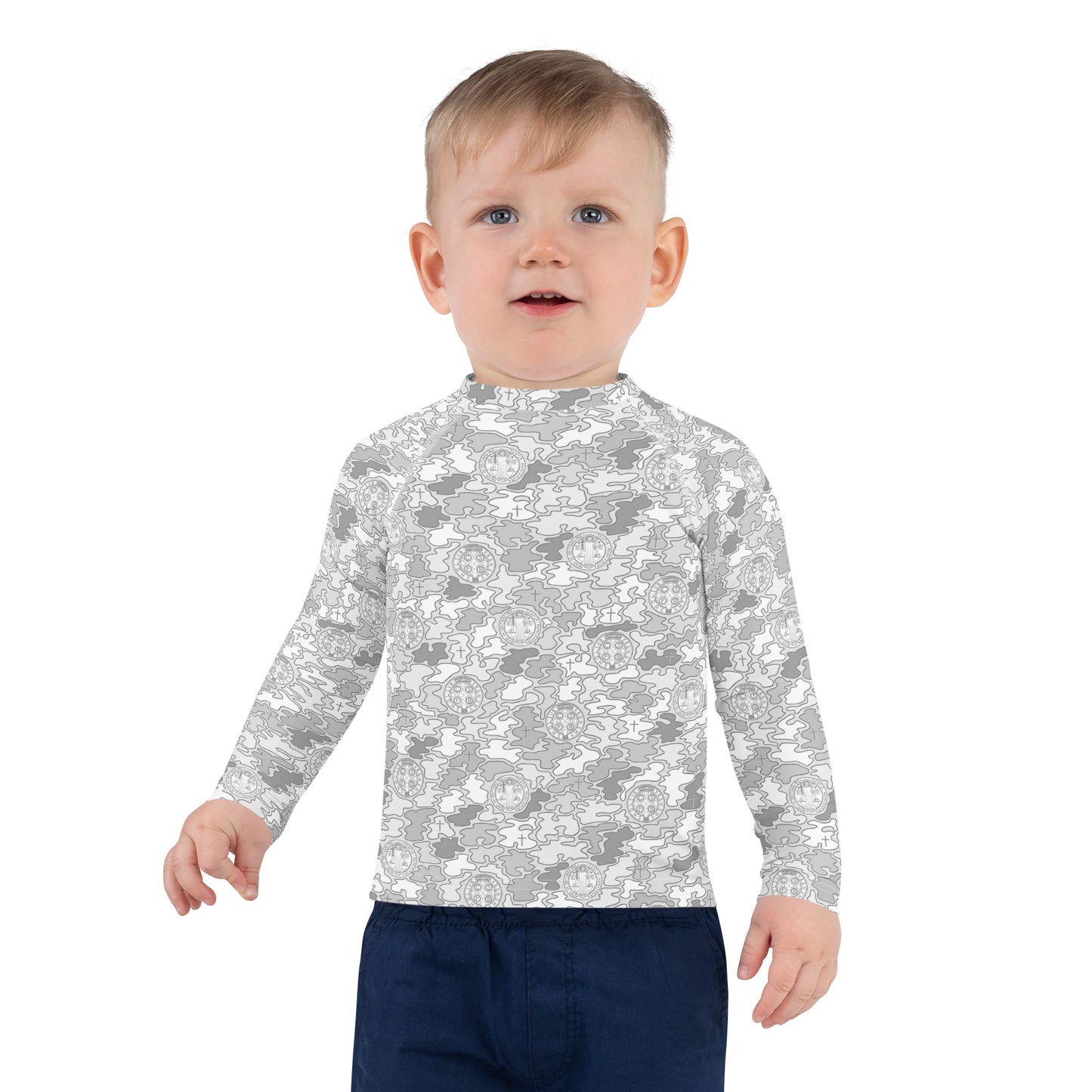 White-Gray "Catholicamouflage" Kids Long-sleeved Rash Guard (Size 2-7)