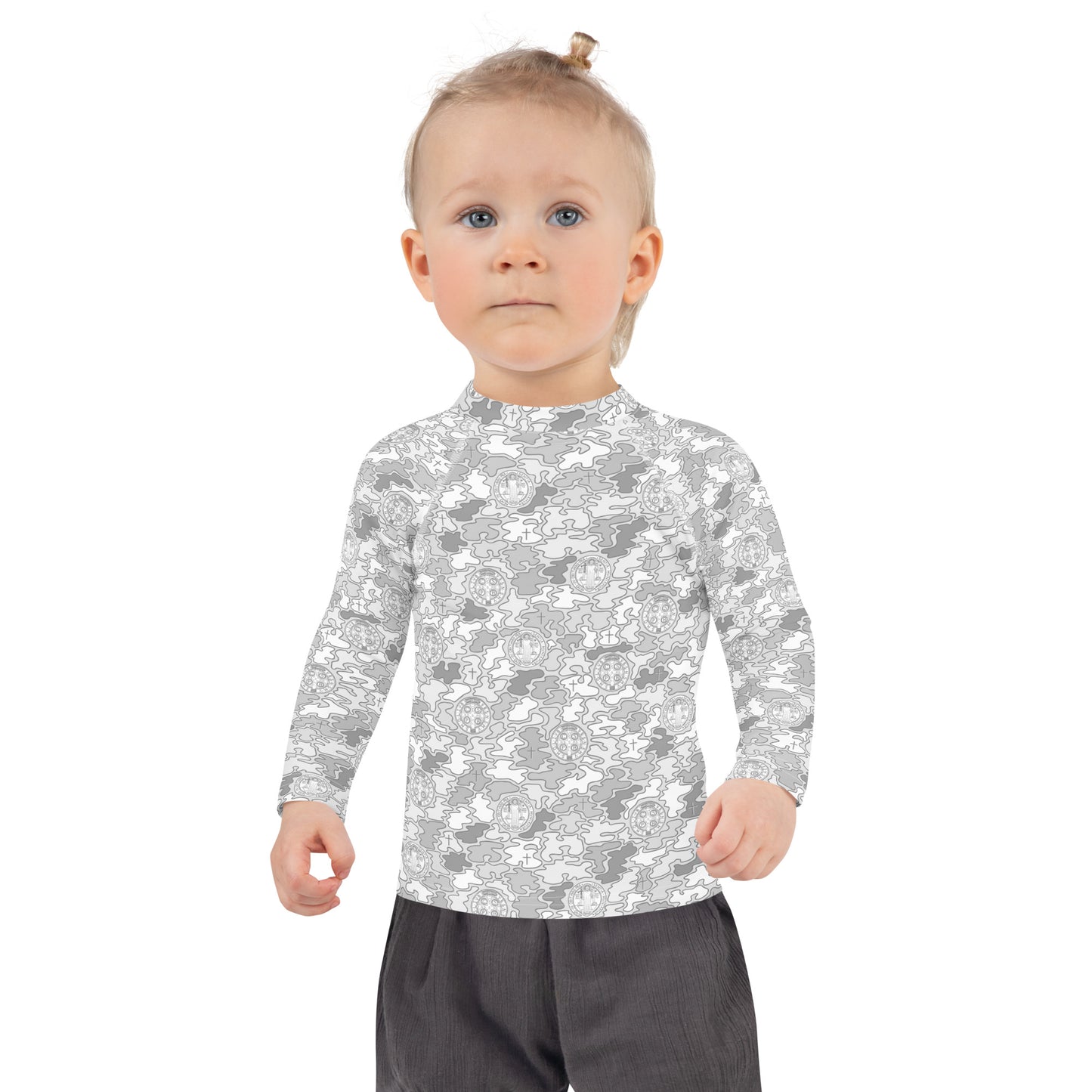 White-Gray "Catholicamouflage" Kids Long-sleeved Rash Guard (Size 2-7)