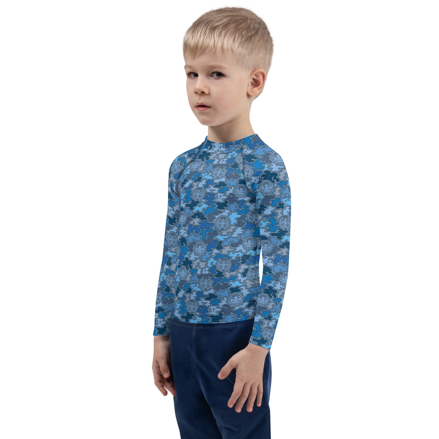 Blue "Catholicamouflage" Kids Long-sleeved Rash Guard (Size 2-7)