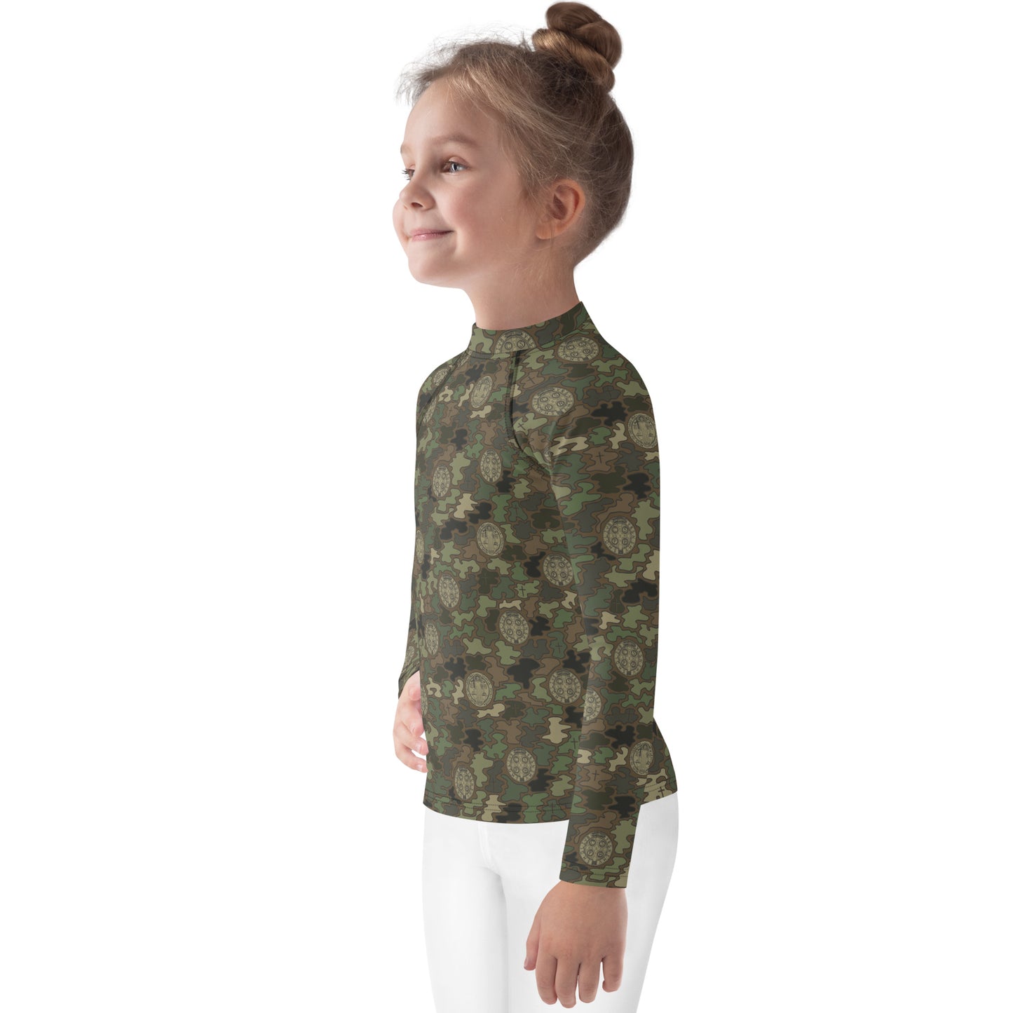 Woodland Green-Brown "Catholicamouflage" Kids Long-sleeved Rash Guard (Size 2-7)