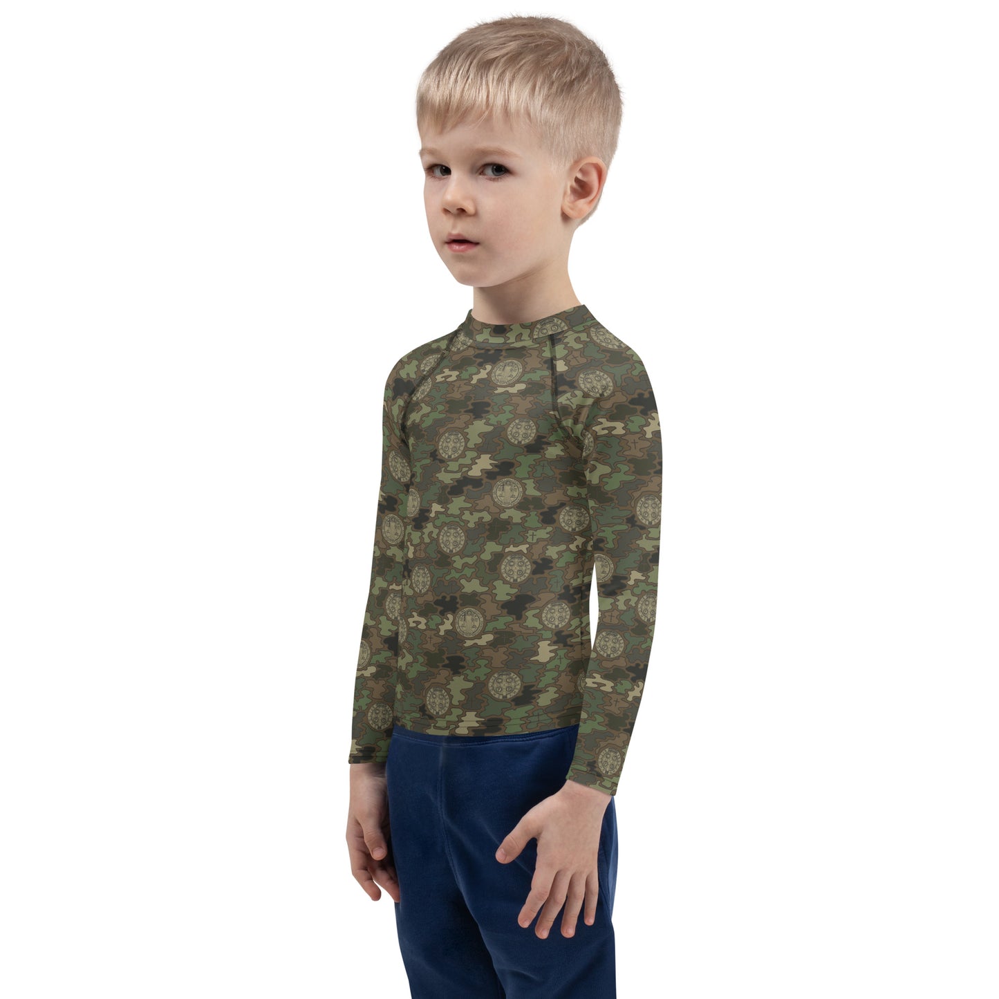 Woodland Green-Brown "Catholicamouflage" Kids Long-sleeved Rash Guard (Size 2-7)