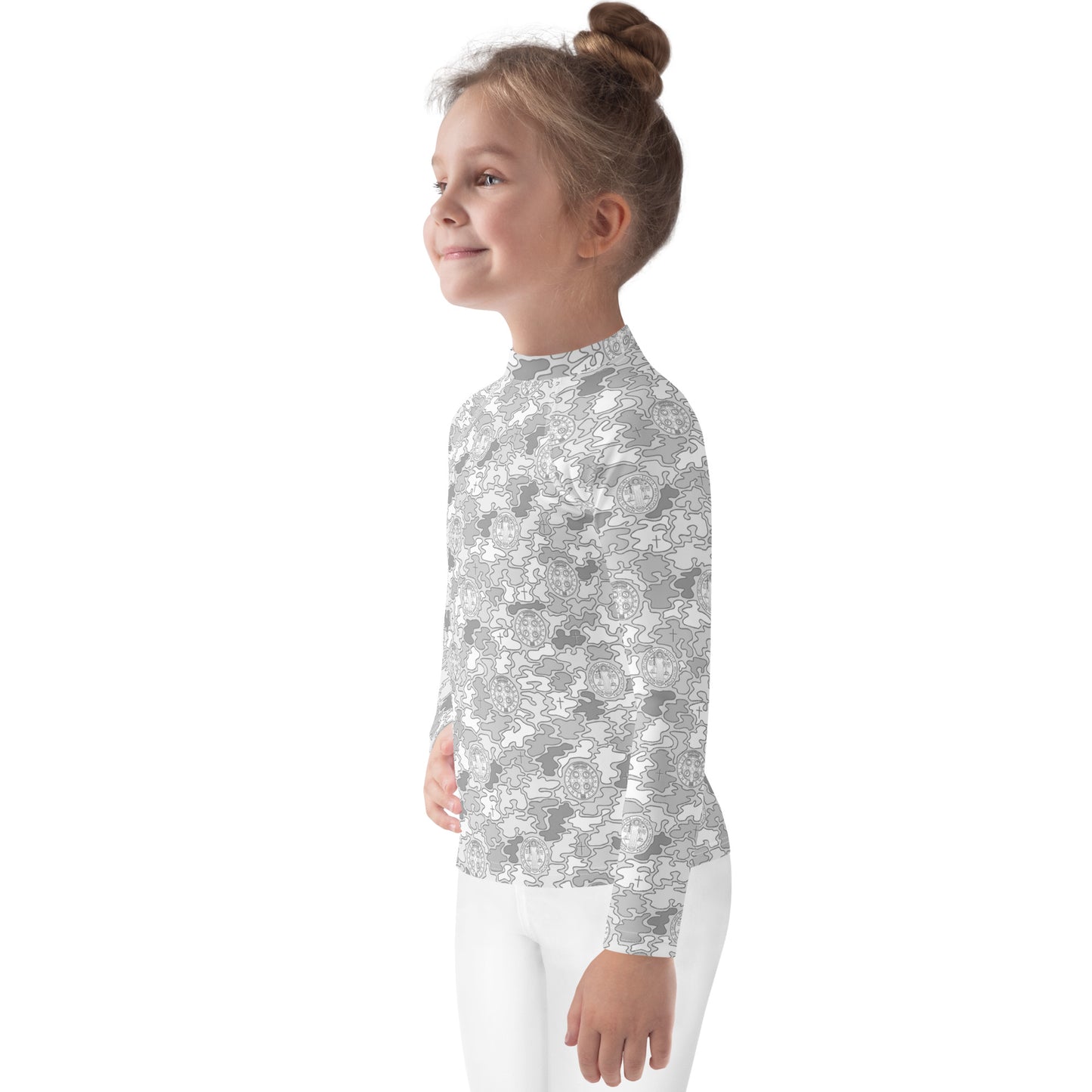 White-Gray "Catholicamouflage" Kids Long-sleeved Rash Guard (Size 2-7)