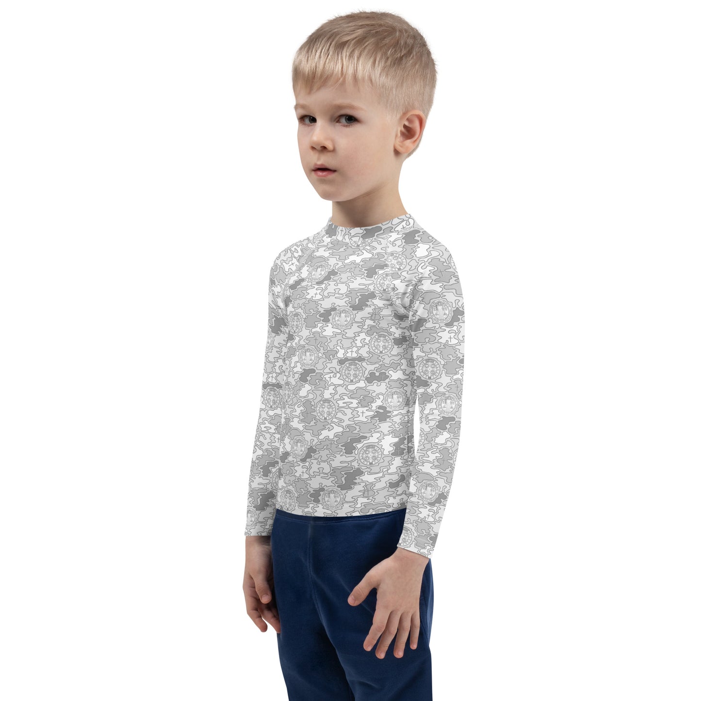 White-Gray "Catholicamouflage" Kids Long-sleeved Rash Guard (Size 2-7)