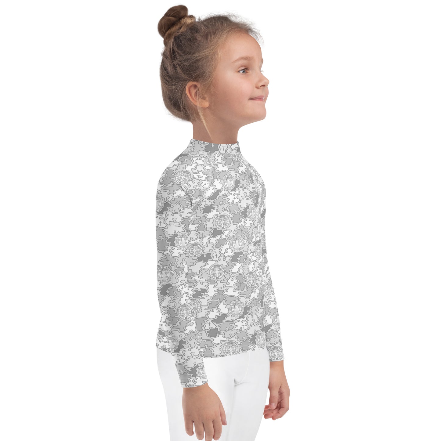 White-Gray "Catholicamouflage" Kids Long-sleeved Rash Guard (Size 2-7)