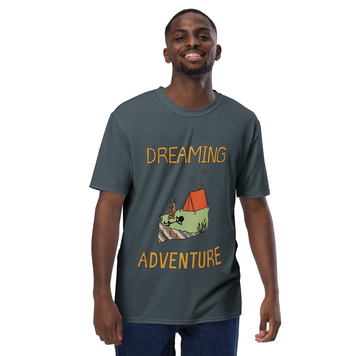 Men's Dark-Blue Camping "Dreaming Adventure" Crew-Neck T-shirt (Size XS-2XL)